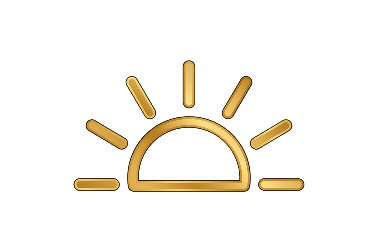 minimal gold metallic line icon of a rising sun, thick enough to match the size of the face icon, fill 70% of an 800×800 px square canvas, centered, equal padding on all sides, transparent background, same line thickness as luxury beauty icons, no shading