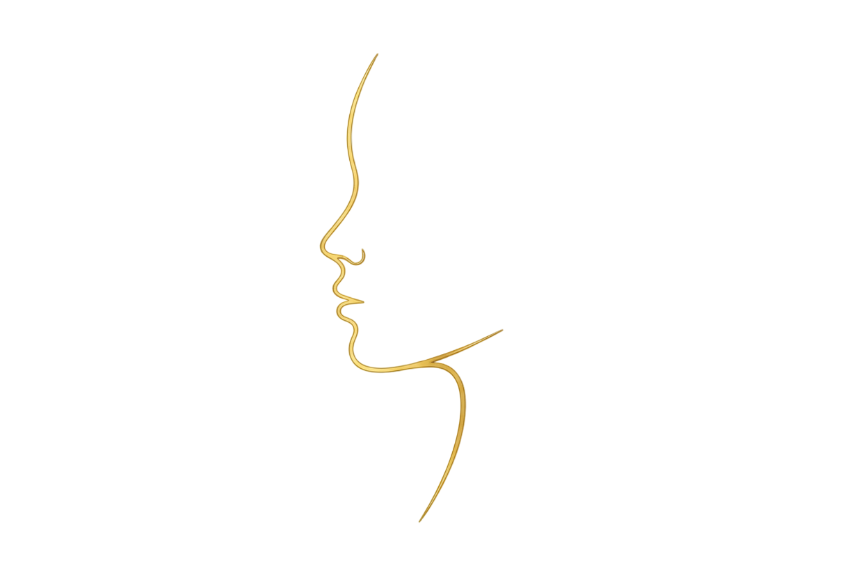 minimal line icon, gold metallic color, transparent background, elegant outline of a woman's face in side profile with smooth skin, luxury beauty icon, soft thin lines, no shading, no text